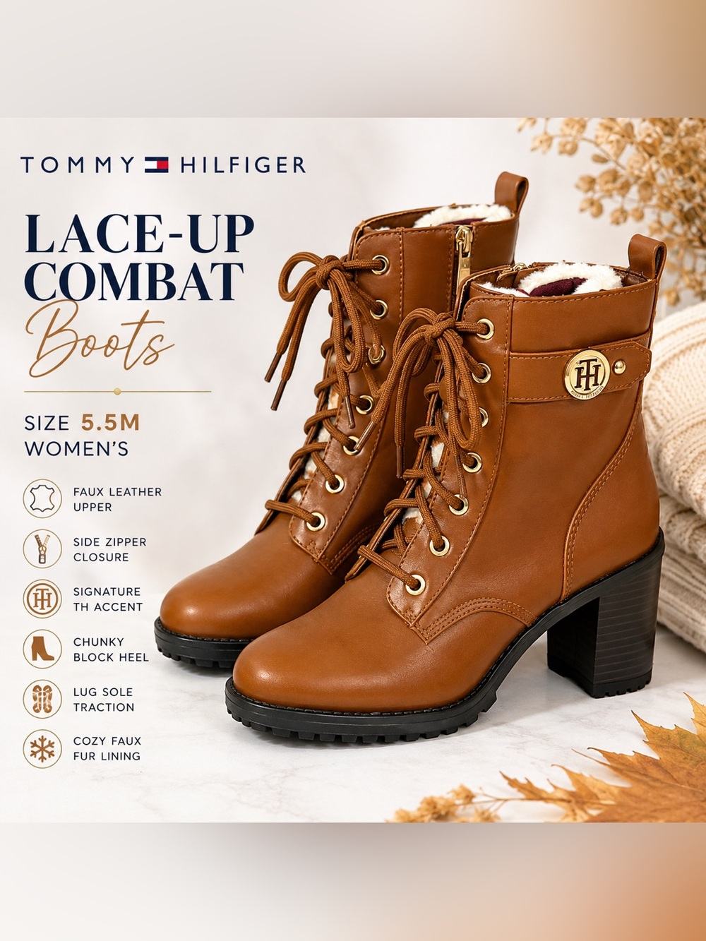 Tommy Hilfiger Brown Lace-Up Heeled Combat Boots Women’s 5.5M